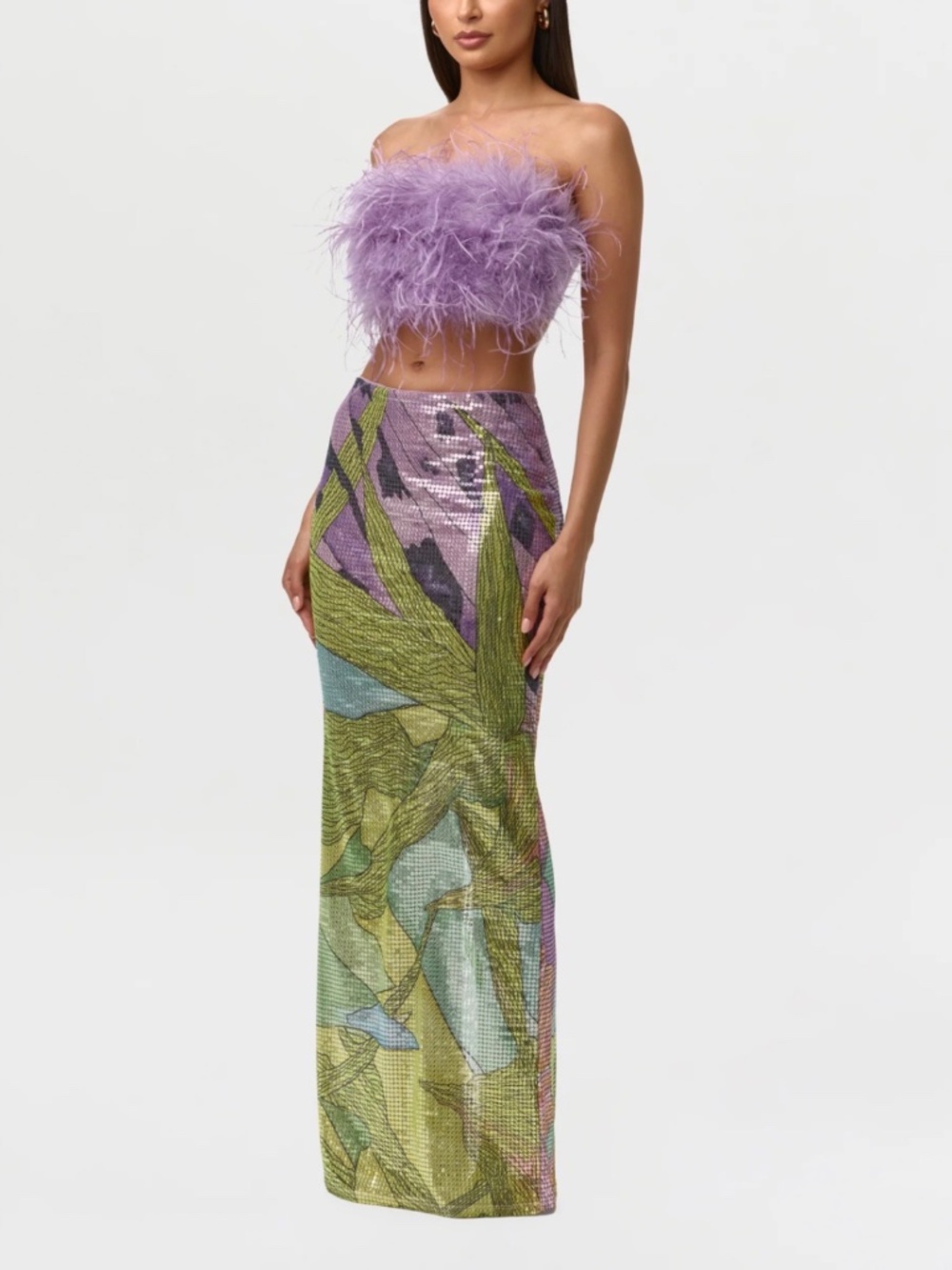 Naked Wardrobe Sequin Skirt and Feather Top